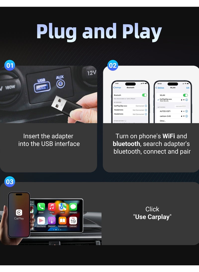 Wireless CarPlay Adapter with 1.6-Inch Screen, Wired to Wireless CarPlay Converter Compatible with Android & iOS, Multifunctional Display for Car Frame & Music Cover, Stable and Easy Connection, Fits 99% of Cars ﻿ ﻿