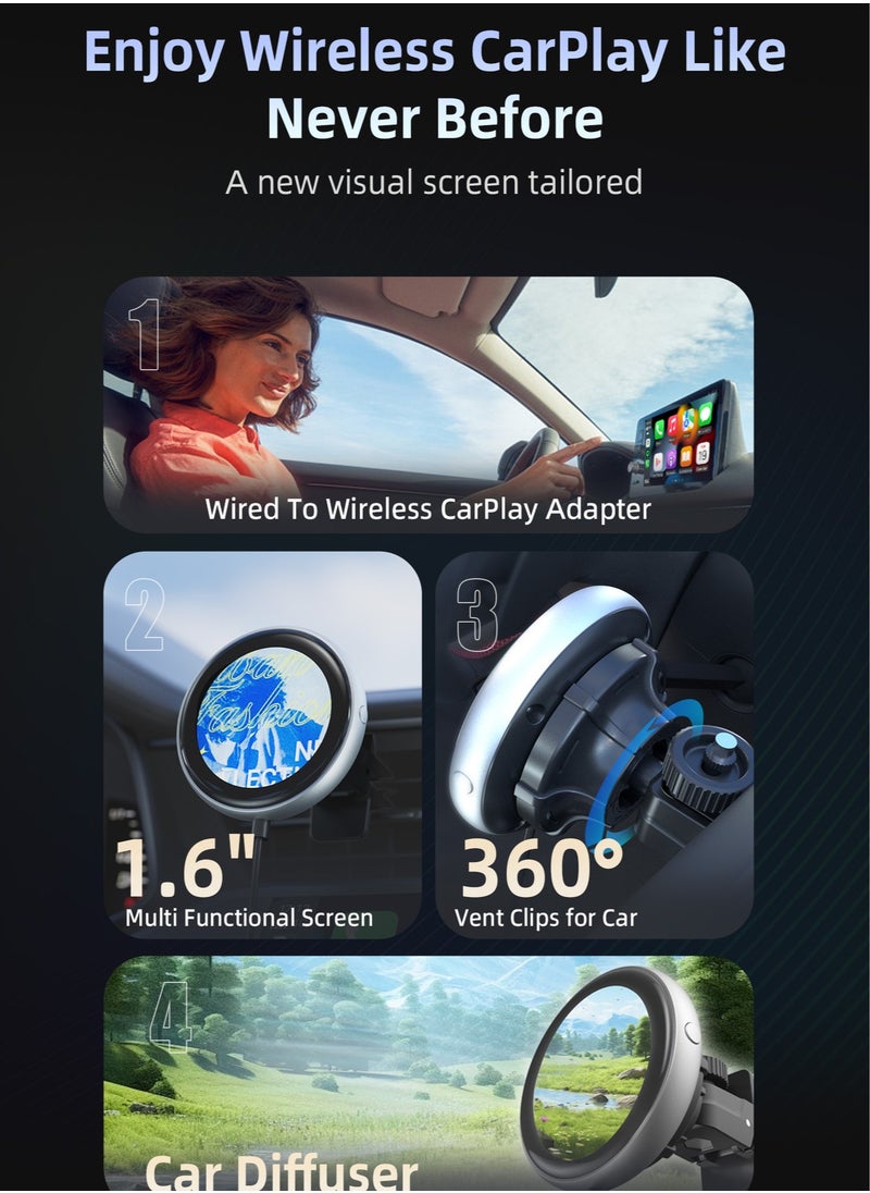 Wireless CarPlay Adapter with 1.6-Inch Screen, Wired to Wireless CarPlay Converter Compatible with Android & iOS, Multifunctional Display for Car Frame & Music Cover, Stable and Easy Connection, Fits 99% of Cars ﻿ ﻿