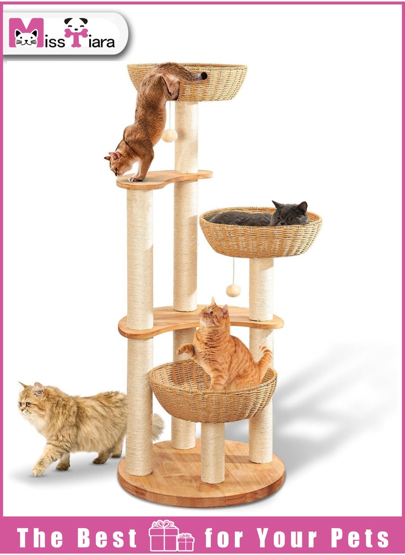 Modern Cat Tree Tower for Indoor Cats  Solid Oak Cat Scratching Tree for Multiple Large Cats Manual Hand Woven Luxury Cat Condo, Unique High-end Design Cat Furniture Activity Centre, Easy Clean