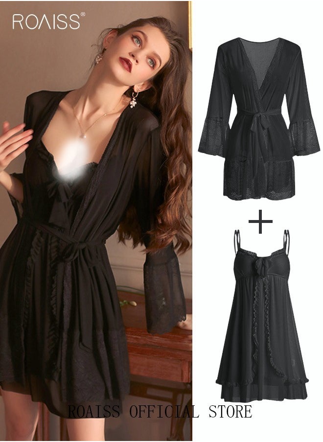 2 Piece Nightgown Set Women's Sweet Halter Nightdress Lace Lingerie Sleepwear Home Dress Set Romantic Elegant Pajamas Ladies Spring Autumn Robe Loungewear