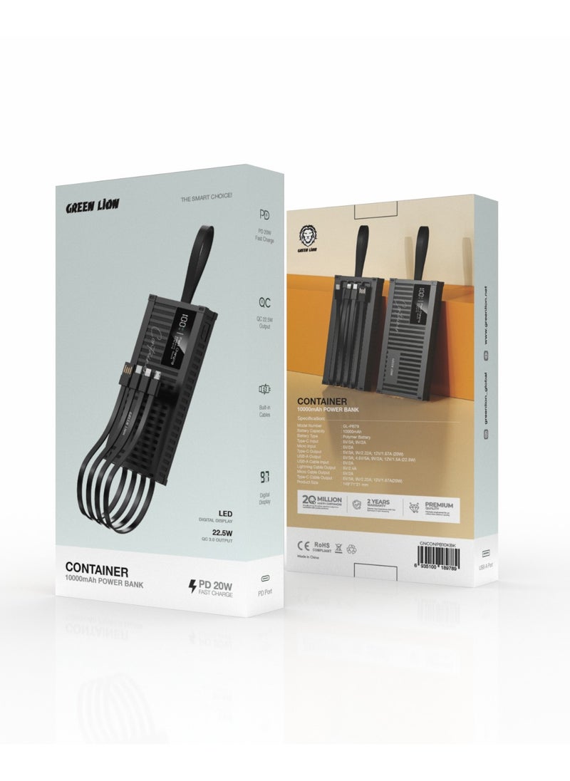 Container 10000mAh Power Bank / PD 20W Fast Charge / USB-A & Micro Port / LED Digital Display / Built-in Cables / USB-A/USB-C/Lightening/Micro Output / Polymer Battery Type - Black