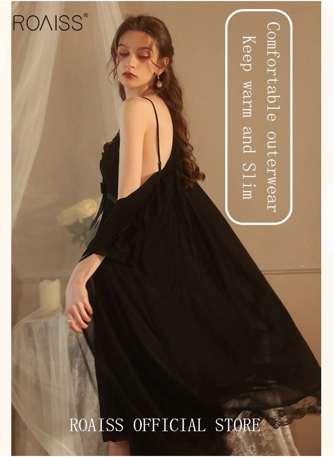 2 Piece Set Night Skirt Solid Women's Lace Pajamas with Pad V-Neck Sling Mesh Sweet Court Retro Nightdress Loungewear Soft Spring Summer Home Wearing Clothes Black