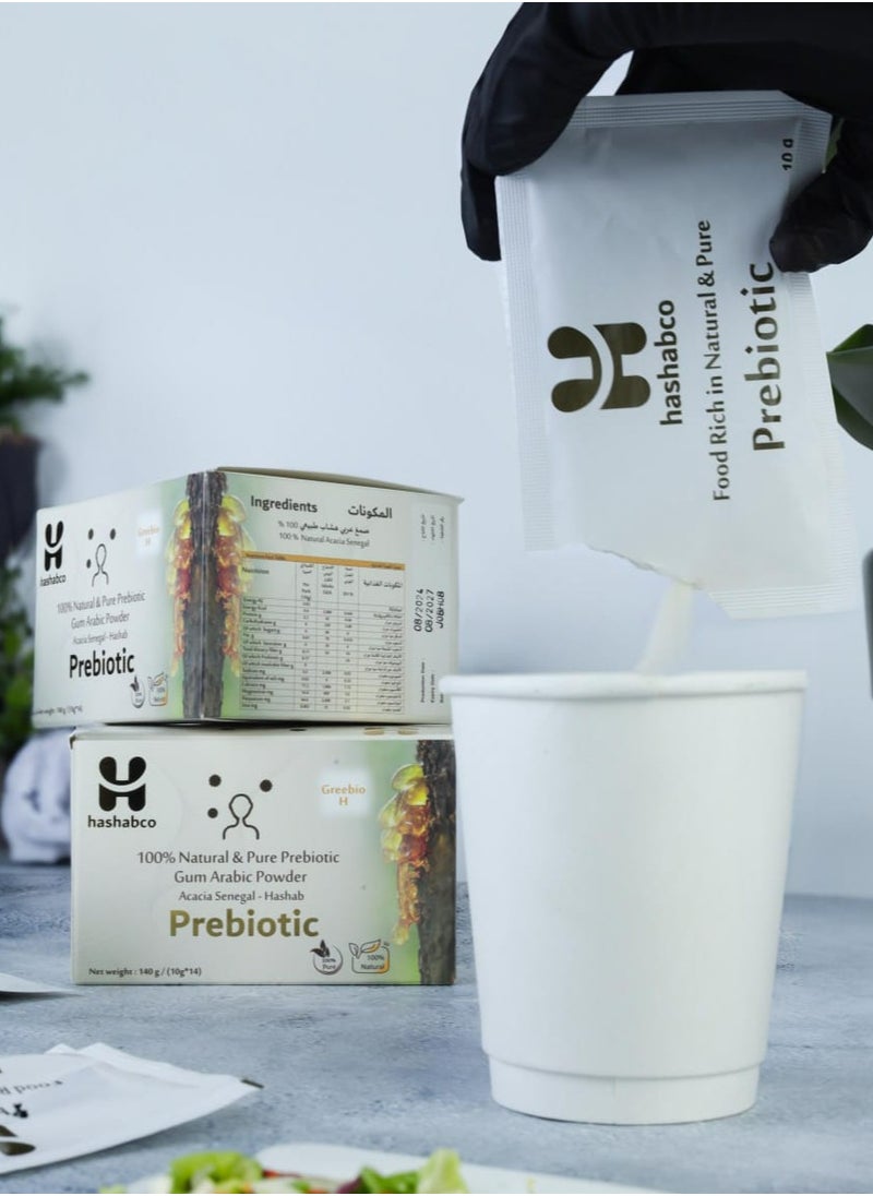 Greebio H - 100% Natural & Pure Prebiotic Gum Arabic Powder - 14 Sachets - Digestive Health Support - Promotes Beneficial Gut Bacteria - Immune System Boost - Helps in Cholesterol Management - Supports Weight Management - Reduces Inflammation - Enhances Nutrient Absorption