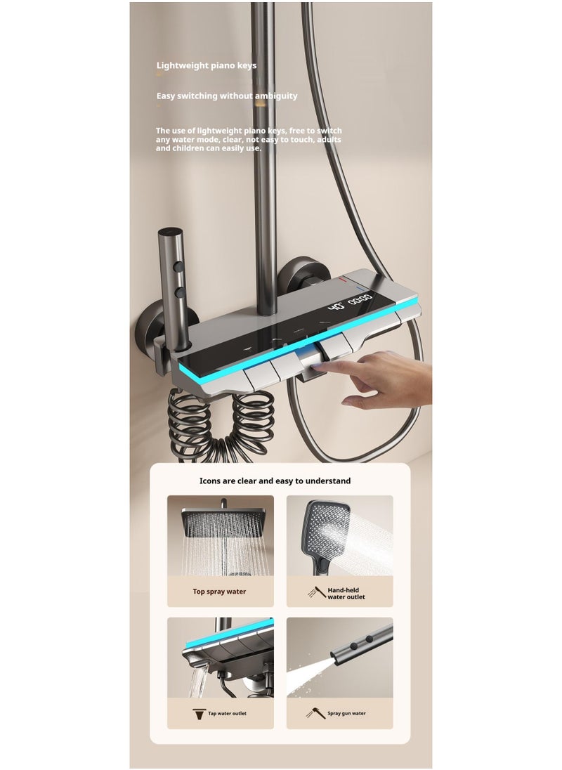 Piano Key Shower Faucet Set Gray Digital Display Shower System 4 Function Bathroom Rain Shower Combo Set Brass Bathtub Faucet With 3 Mode Hand Shower And Bidet Sprayer