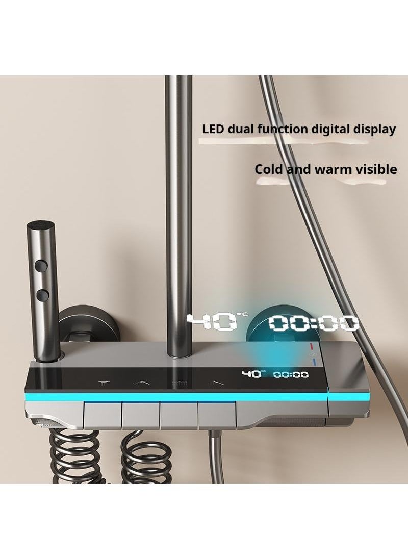 Piano Key Shower Faucet Set Gray Digital Display Shower System 4 Function Bathroom Rain Shower Combo Set Brass Bathtub Faucet With 3 Mode Hand Shower And Bidet Sprayer