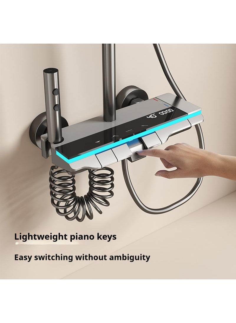 Piano Key Shower Faucet Set Gray Digital Display Shower System 4 Function Bathroom Rain Shower Combo Set Brass Bathtub Faucet With 3 Mode Hand Shower And Bidet Sprayer