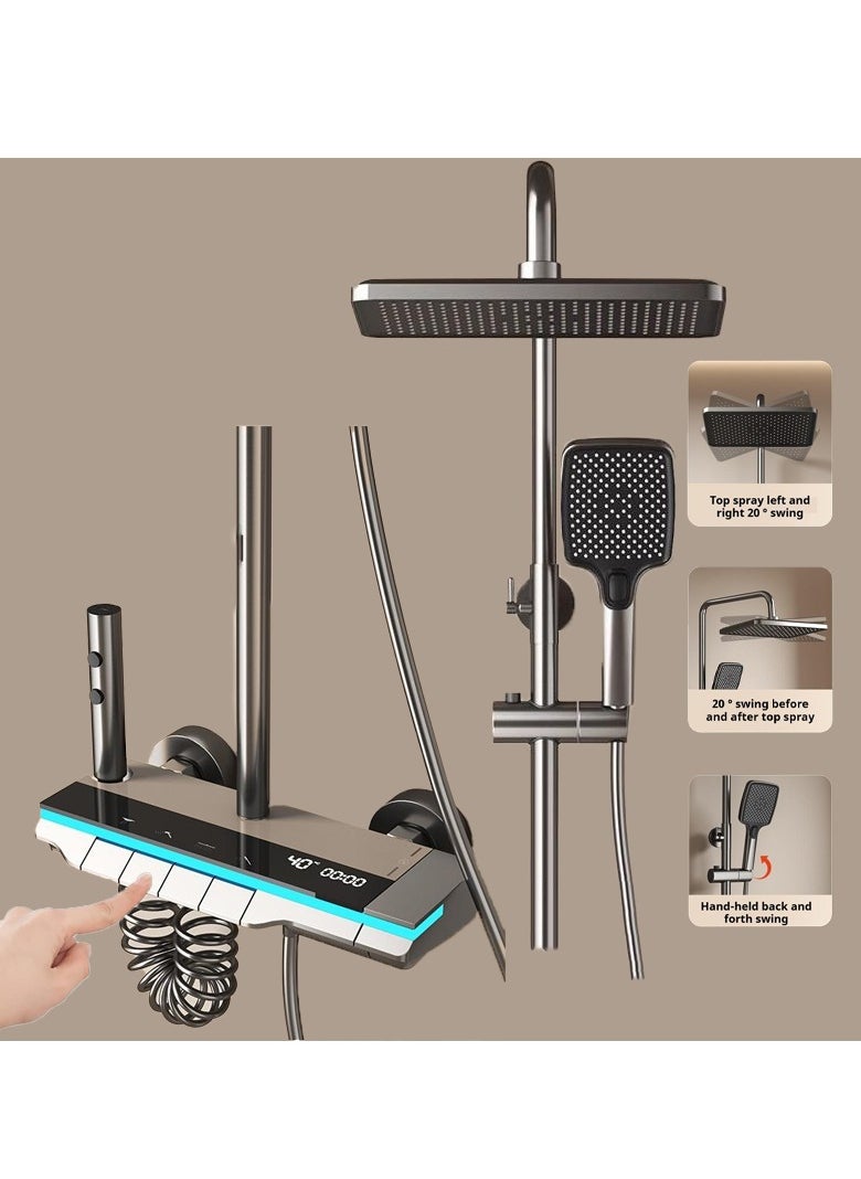 Piano Key Shower Faucet Set Gray Digital Display Shower System 4 Function Bathroom Rain Shower Combo Set Brass Bathtub Faucet With 3 Mode Hand Shower And Bidet Sprayer