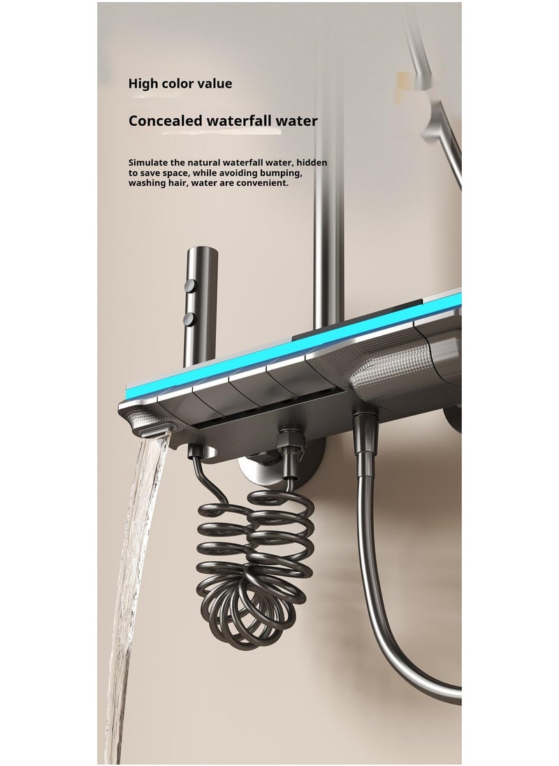 Piano Key Shower Faucet Set Gray Digital Display Shower System 4 Function Bathroom Rain Shower Combo Set Brass Bathtub Faucet With 3 Mode Hand Shower And Bidet Sprayer