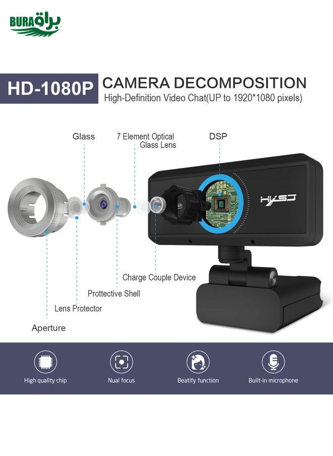 HXSJ S4 1080P Adjustable 180 Degree HD Manual Focus Video Webcam PC Camera with Microphone(Black)