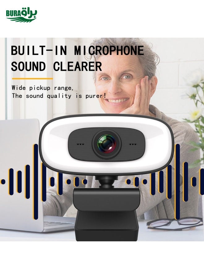 C10 2K HD Without Distortion 360 Degrees Rotate Three-speed Fill Light USB Free Drive Webcams, Built-in Clear Sound Microphone