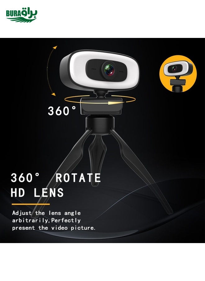 C10 2K HD Without Distortion 360 Degrees Rotate Three-speed Fill Light USB Free Drive Webcams, Built-in Clear Sound Microphone