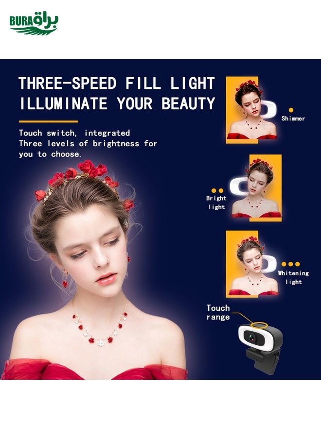 C10 2K HD Without Distortion 360 Degrees Rotate Three-speed Fill Light USB Free Drive Webcams, Built-in Clear Sound Microphone