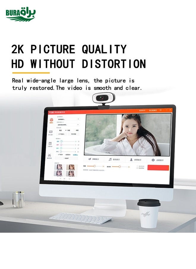 C10 2K HD Without Distortion 360 Degrees Rotate Three-speed Fill Light USB Free Drive Webcams, Built-in Clear Sound Microphone