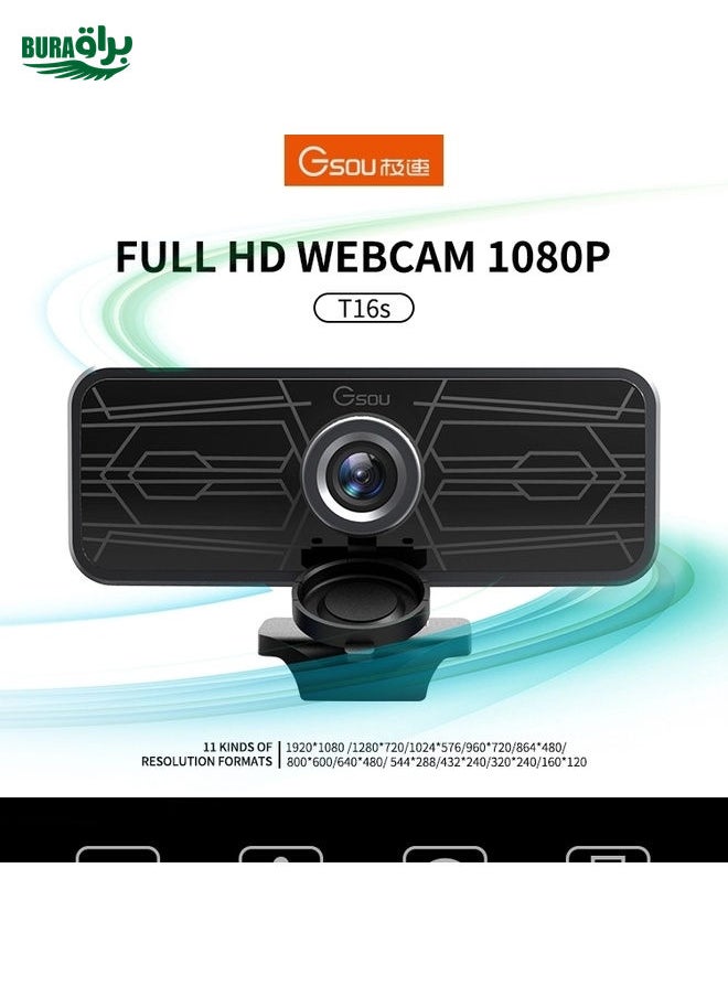 Gsou T16s 1080P HD Webcam with Cover Built-in Microphone for Online Classes Broadcast Conference Video