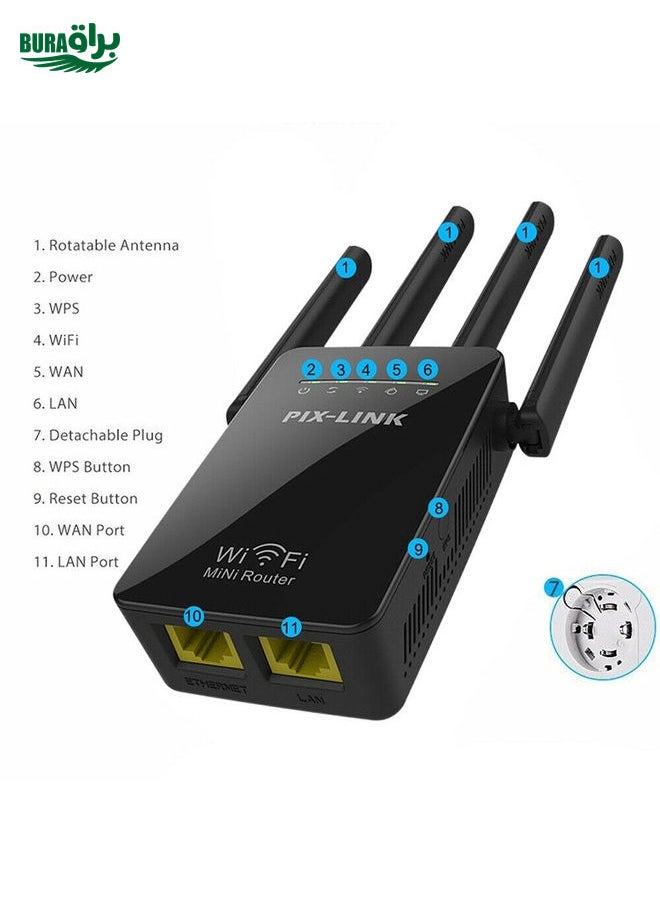 Wireless Smart WiFi Router Repeater with 4 WiFi Antennas, Plug Specification:UK Plug(Black)