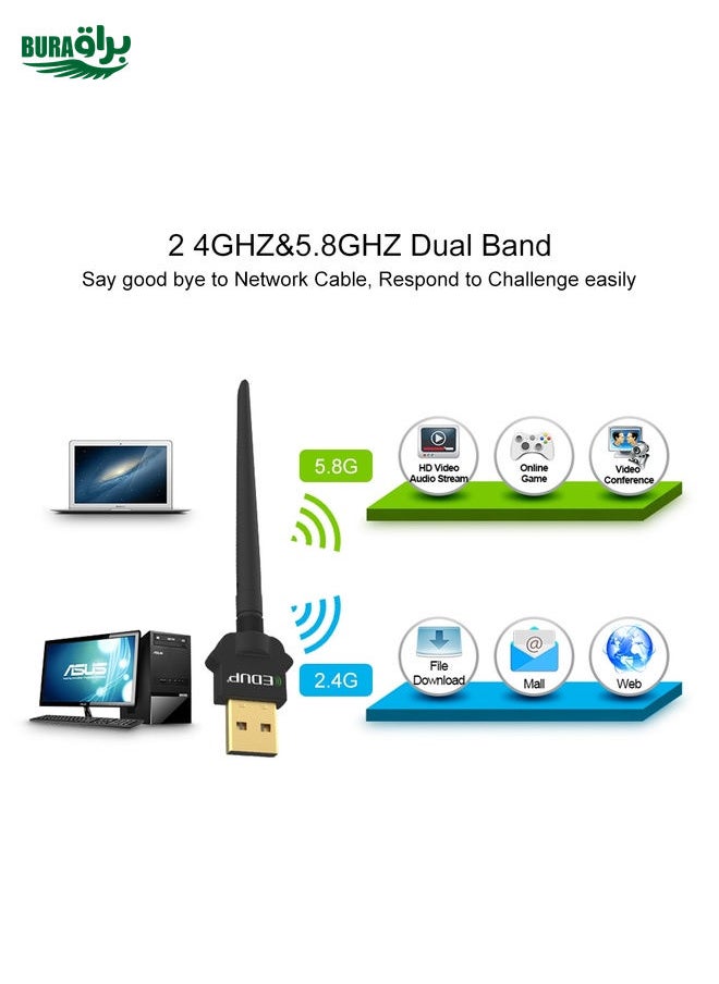 EDUP EP-AC1669 AC1300Mbps 2.4GHz & 5.8GHz Dual Band USB WiFi Adapter External Network Card with 2dbi Antenna