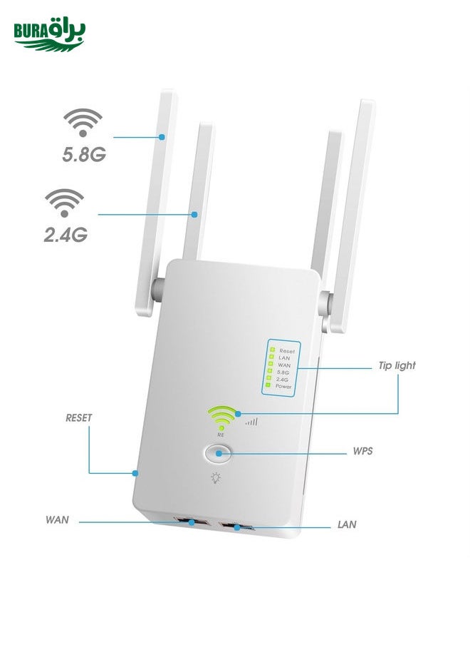 U6 5Ghz Wireless WiFi Repeater 1200Mbps Router Wifi Booster 2.4G Long Range Extender(EU Plug)
