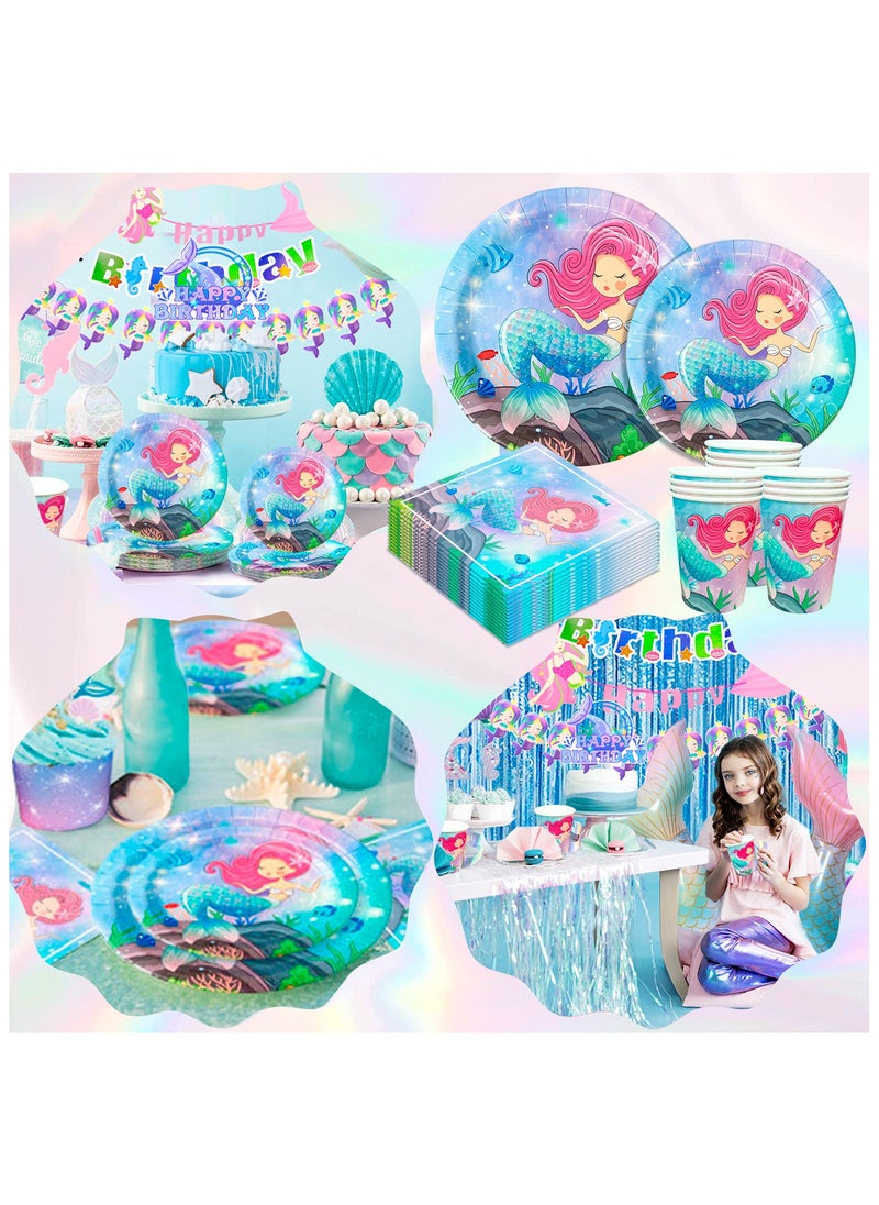 Mermaid Birthday Party Decorations for 16 Guests, Mermaid Birthday Disposable Tableware Set Mermaid Theme Balloons Banners Plates Cups Napkins Tablecloth