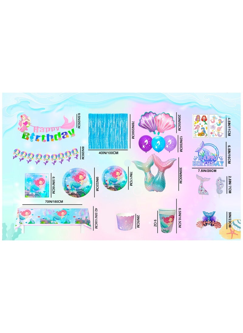Mermaid Birthday Party Decorations for 16 Guests, Mermaid Birthday Disposable Tableware Set Mermaid Theme Balloons Banners Plates Cups Napkins Tablecloth
