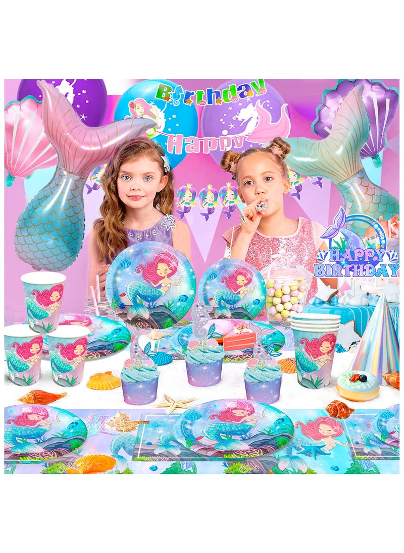Mermaid Birthday Party Decorations for 16 Guests, Mermaid Birthday Disposable Tableware Set Mermaid Theme Balloons Banners Plates Cups Napkins Tablecloth