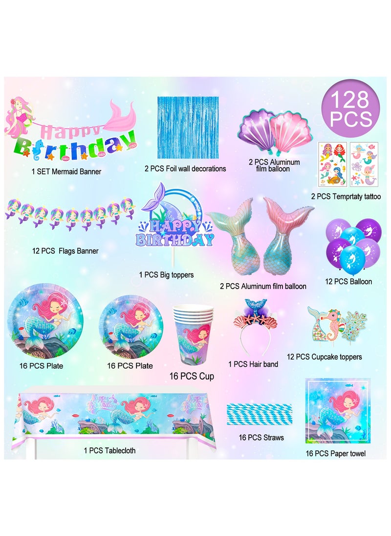 Mermaid Birthday Party Decorations for 16 Guests, Mermaid Birthday Disposable Tableware Set Mermaid Theme Balloons Banners Plates Cups Napkins Tablecloth
