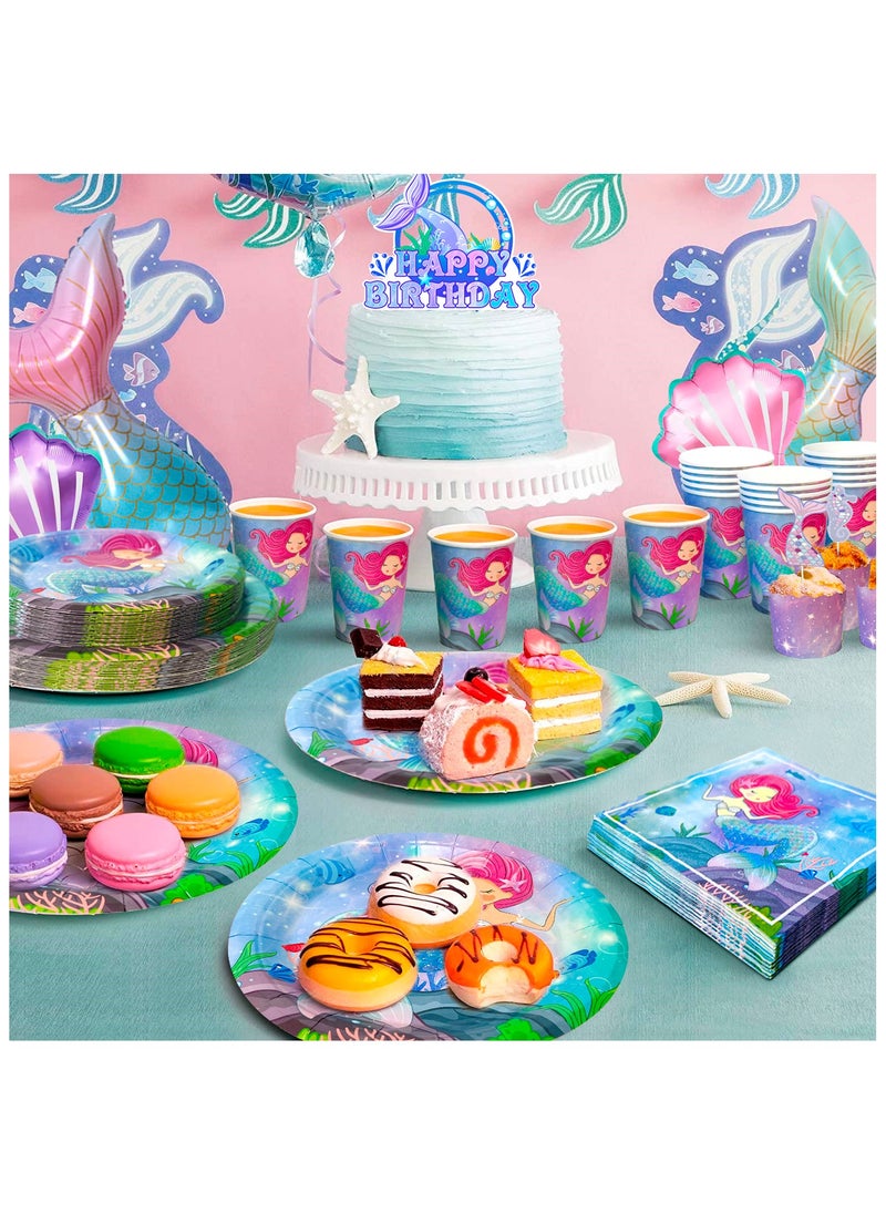 Mermaid Birthday Party Decorations for 16 Guests, Mermaid Birthday Disposable Tableware Set Mermaid Theme Balloons Banners Plates Cups Napkins Tablecloth