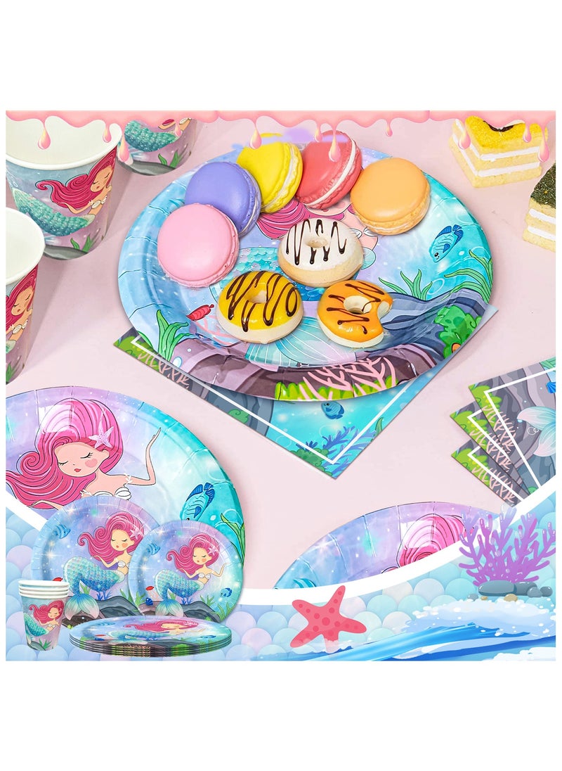 Mermaid Birthday Party Decorations for 16 Guests, Mermaid Birthday Disposable Tableware Set Mermaid Theme Balloons Banners Plates Cups Napkins Tablecloth