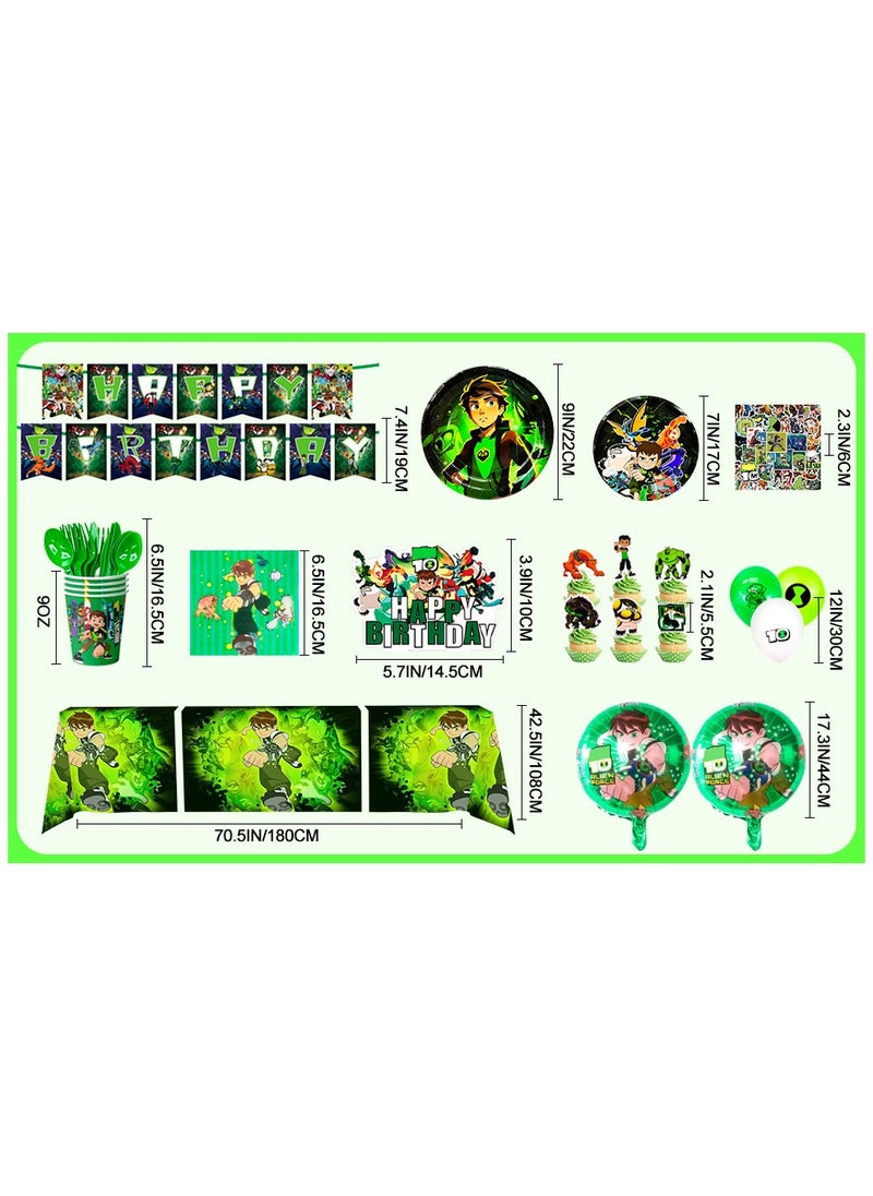 Ben-10 Themed Birthday Party Decorations for 10 Guests, 163pcs Cartoon Ben-10 Party Disposable Tableware Set