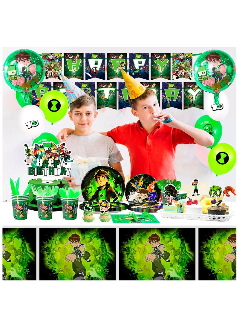 Ben-10 Themed Birthday Party Decorations for 10 Guests, 163pcs Cartoon Ben-10 Party Disposable Tableware Set