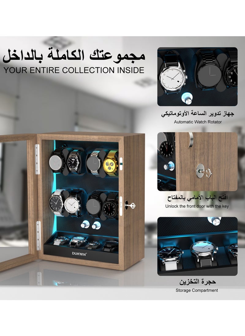 Key Lock Watch Winder for 8 Automatic Winder with 4 Extra Watches Storage, Aurora Blue Light, 4 Rotation modes, Super Quiet Motor, Adjustable Watch Pillow, Watch winder 6 for Watch Lover