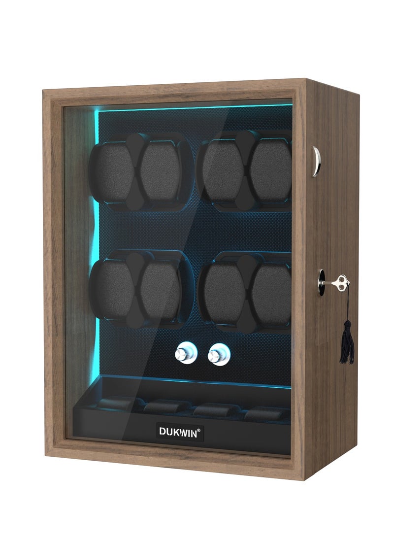 Key Lock Watch Winder for 8 Automatic Winder with 4 Extra Watches Storage, Aurora Blue Light, 4 Rotation modes, Super Quiet Motor, Adjustable Watch Pillow, Watch winder 6 for Watch Lover