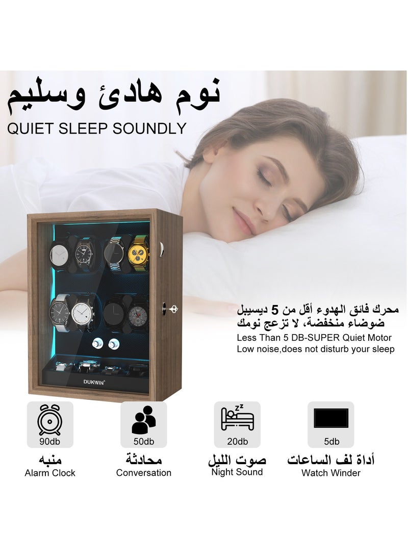 Key Lock Watch Winder for 8 Automatic Winder with 4 Extra Watches Storage, Aurora Blue Light, 4 Rotation modes, Super Quiet Motor, Adjustable Watch Pillow, Watch winder 6 for Watch Lover