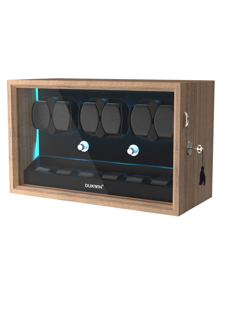 Key Lock Watch Winder for 6 Automatic Winder with 6 Extra Watches Storage, Aurora Blue Light, 6 Rotation modes, Super Quiet Motor, Adjustable Watch Pillow, Watch winder 6 for Watch Lover