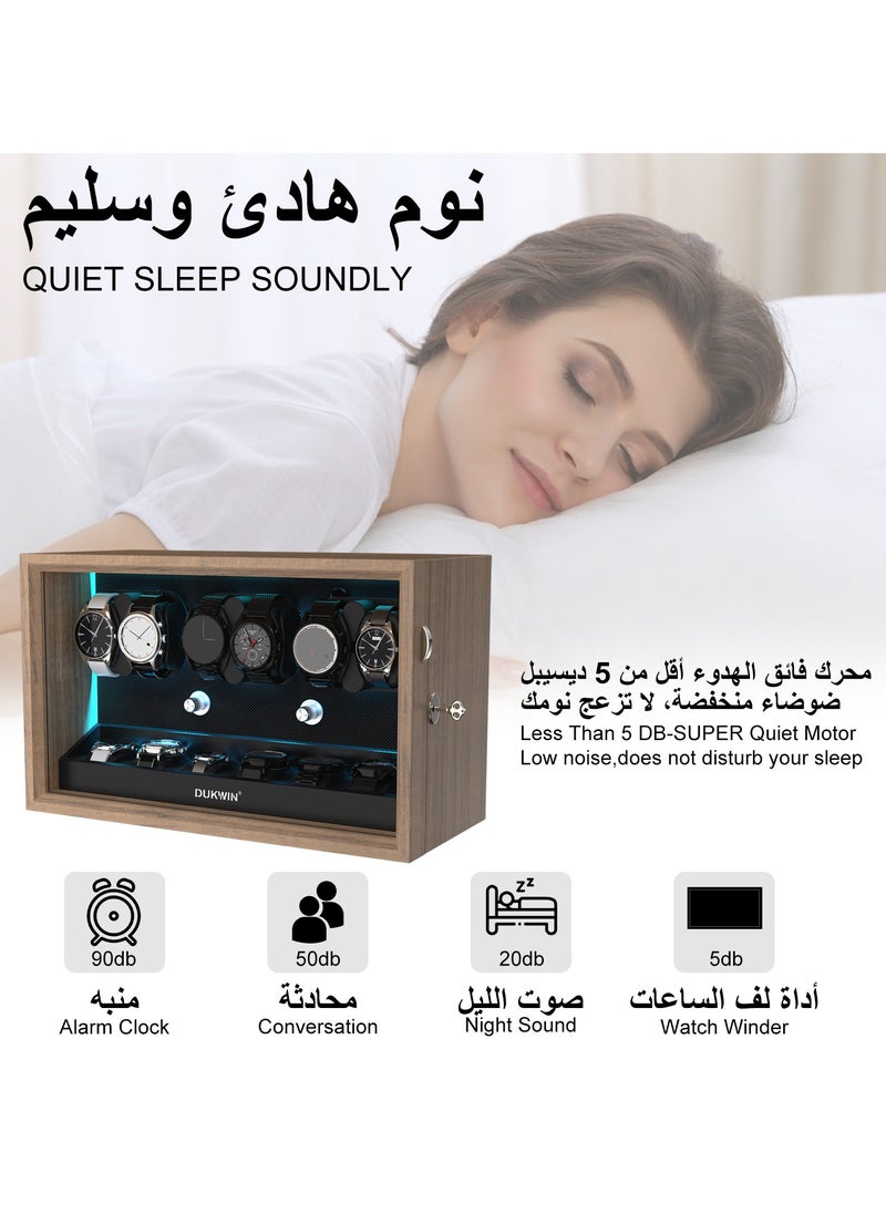 Key Lock Watch Winder for 6 Automatic Winder with 6 Extra Watches Storage, Aurora Blue Light, 6 Rotation modes, Super Quiet Motor, Adjustable Watch Pillow, Watch winder 6 for Watch Lover