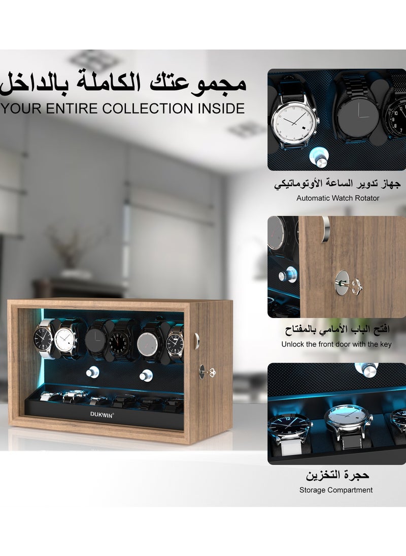 Key Lock Watch Winder for 6 Automatic Winder with 6 Extra Watches Storage, Aurora Blue Light, 6 Rotation modes, Super Quiet Motor, Adjustable Watch Pillow, Watch winder 6 for Watch Lover