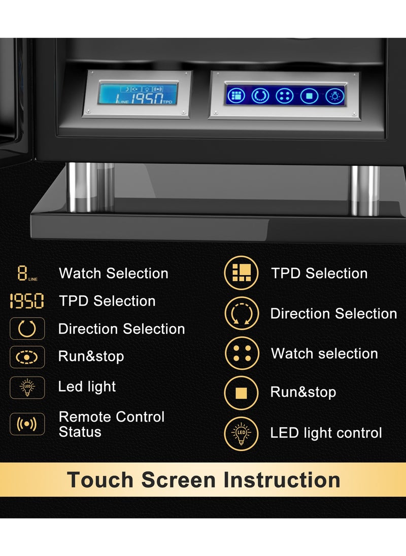 Fingerprint Lock Watch Winder 6 Automatic Winder With Blue LED Light, 5TPD, 3 Rotation modes, Adjustable Watch Cuff, LCD Touch Screen, Remote Control and Super Quiet Motor for watch enthusiasts