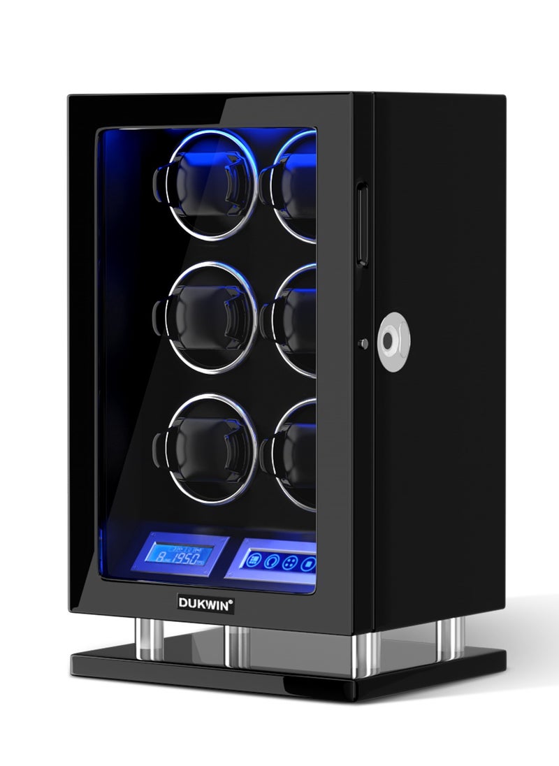 DUKWIN Fingerprint Lock Watch Winder 6 Automatic Winder With Blue LED Light, 5TPD, 3 Rotation modes, Adjustable Watch Cuff, LCD Touch Screen, Remote Control and Super Quiet Motor for watch enthusiasts