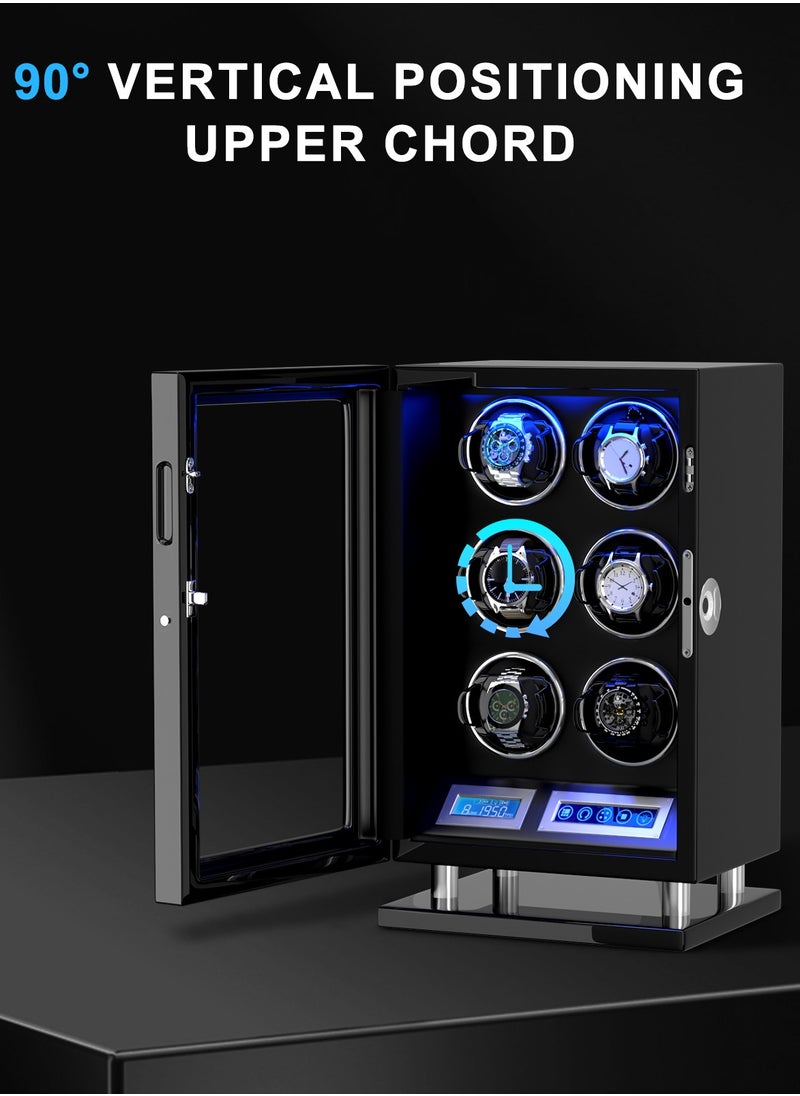 Fingerprint Lock Watch Winder 6 Automatic Winder With Blue LED Light, 5TPD, 3 Rotation modes, Adjustable Watch Cuff, LCD Touch Screen, Remote Control and Super Quiet Motor for watch enthusiasts