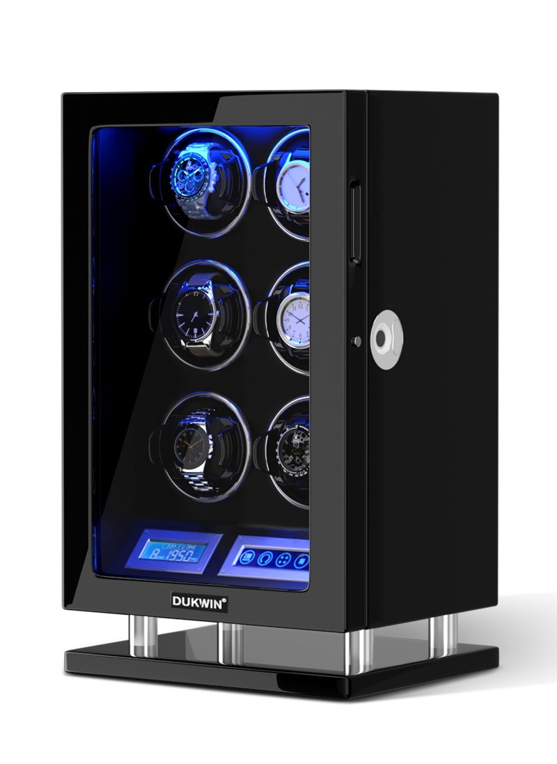Fingerprint Lock Watch Winder 6 Automatic Winder With Blue LED Light, 5TPD, 3 Rotation modes, Adjustable Watch Cuff, LCD Touch Screen, Remote Control and Super Quiet Motor for watch enthusiasts