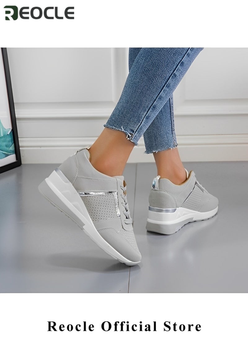 Women's Sneakers with High Heel Wedge Dressy Platform Hidden Wedge Tennis Shoes Lightweight Fashion Heeled Sneakers Lace Up