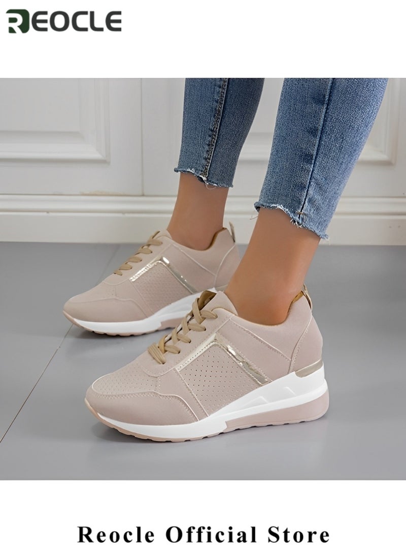 Women's Sneakers with High Heel Wedge Dressy Platform Hidden Wedge Tennis Shoes Lightweight Fashion Heeled Sneakers Lace Up