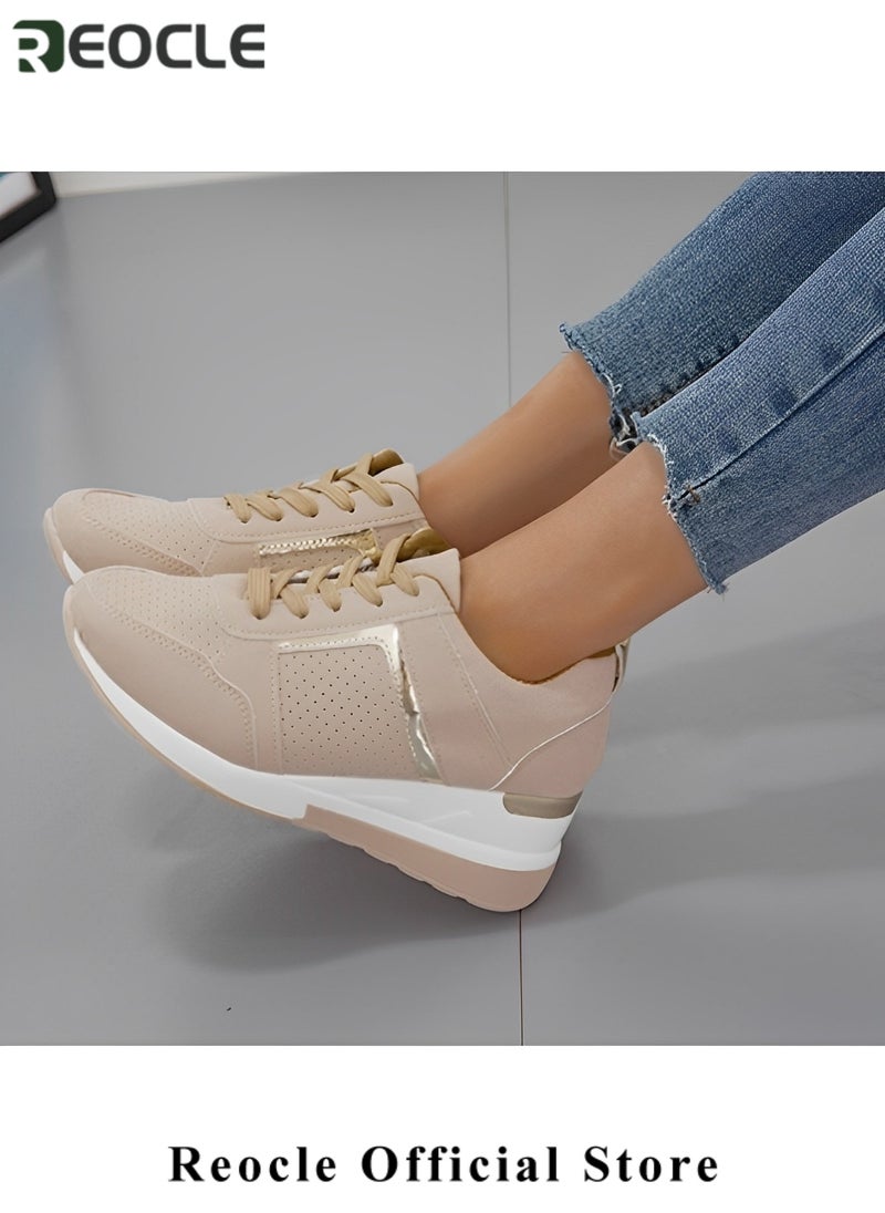 Women's Sneakers with High Heel Wedge Dressy Platform Hidden Wedge Tennis Shoes Lightweight Fashion Heeled Sneakers Lace Up