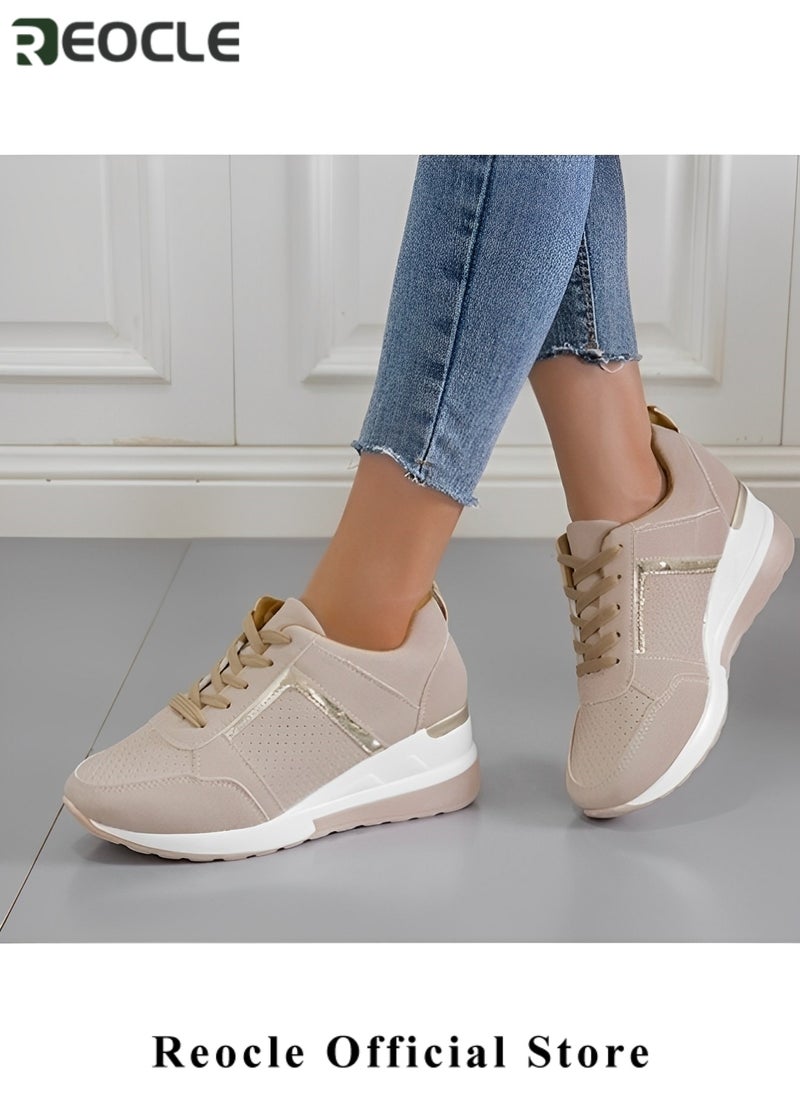 Women's Sneakers with High Heel Wedge Dressy Platform Hidden Wedge Tennis Shoes Lightweight Fashion Heeled Sneakers Lace Up