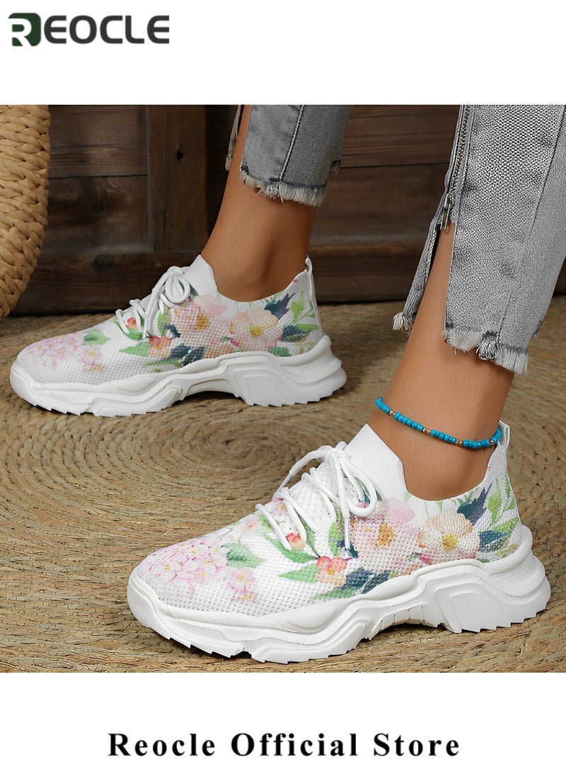 Women's Sneakers Floral Printed Sneakers Lace-up Mesh Breathable Shoes Casual Lightweight Tennis Shoes for Running & Walking