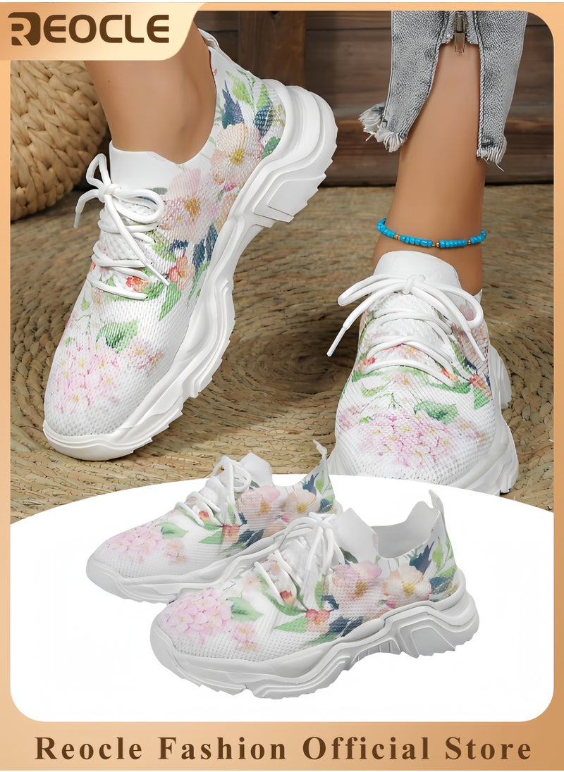 Women's Sneakers Floral Printed Sneakers Lace-up Mesh Breathable Shoes Casual Lightweight Tennis Shoes for Running & Walking