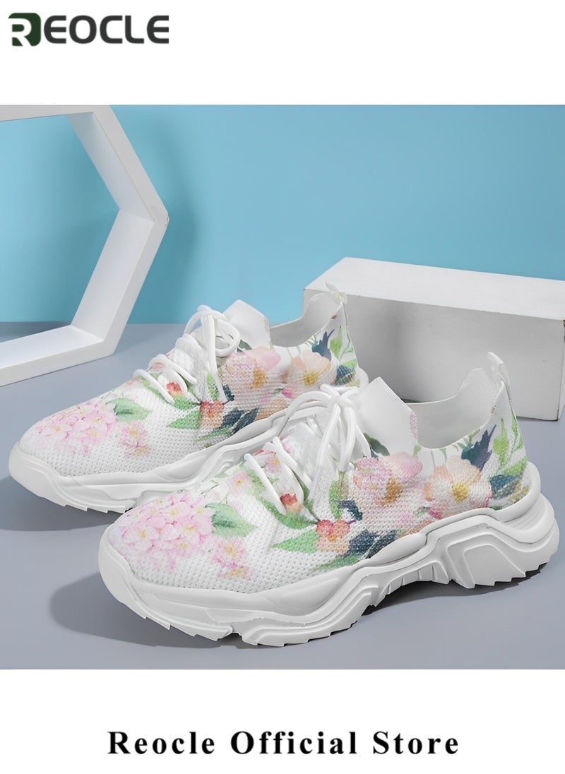 Women's Sneakers Floral Printed Sneakers Lace-up Mesh Breathable Shoes Casual Lightweight Tennis Shoes for Running & Walking