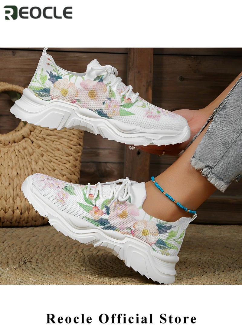 Women's Sneakers Floral Printed Sneakers Lace-up Mesh Breathable Shoes Casual Lightweight Tennis Shoes for Running & Walking