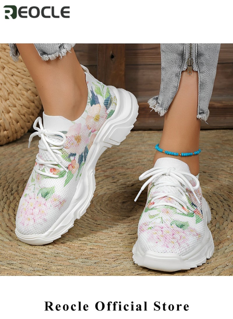 Women's Sneakers Floral Printed Sneakers Lace-up Mesh Breathable Shoes Casual Lightweight Tennis Shoes for Running & Walking