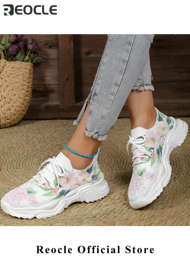 Women's Sneakers Floral Printed Sneakers Lace-up Mesh Breathable Shoes Casual Lightweight Tennis Shoes for Running & Walking