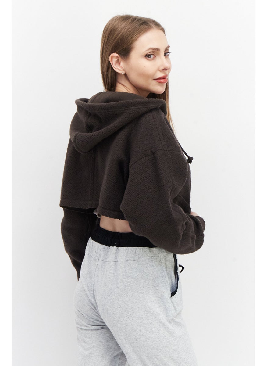 Women Sportswear Fit Long Sleeve Outdoor Full Zipper Hoodie, Dark Brown